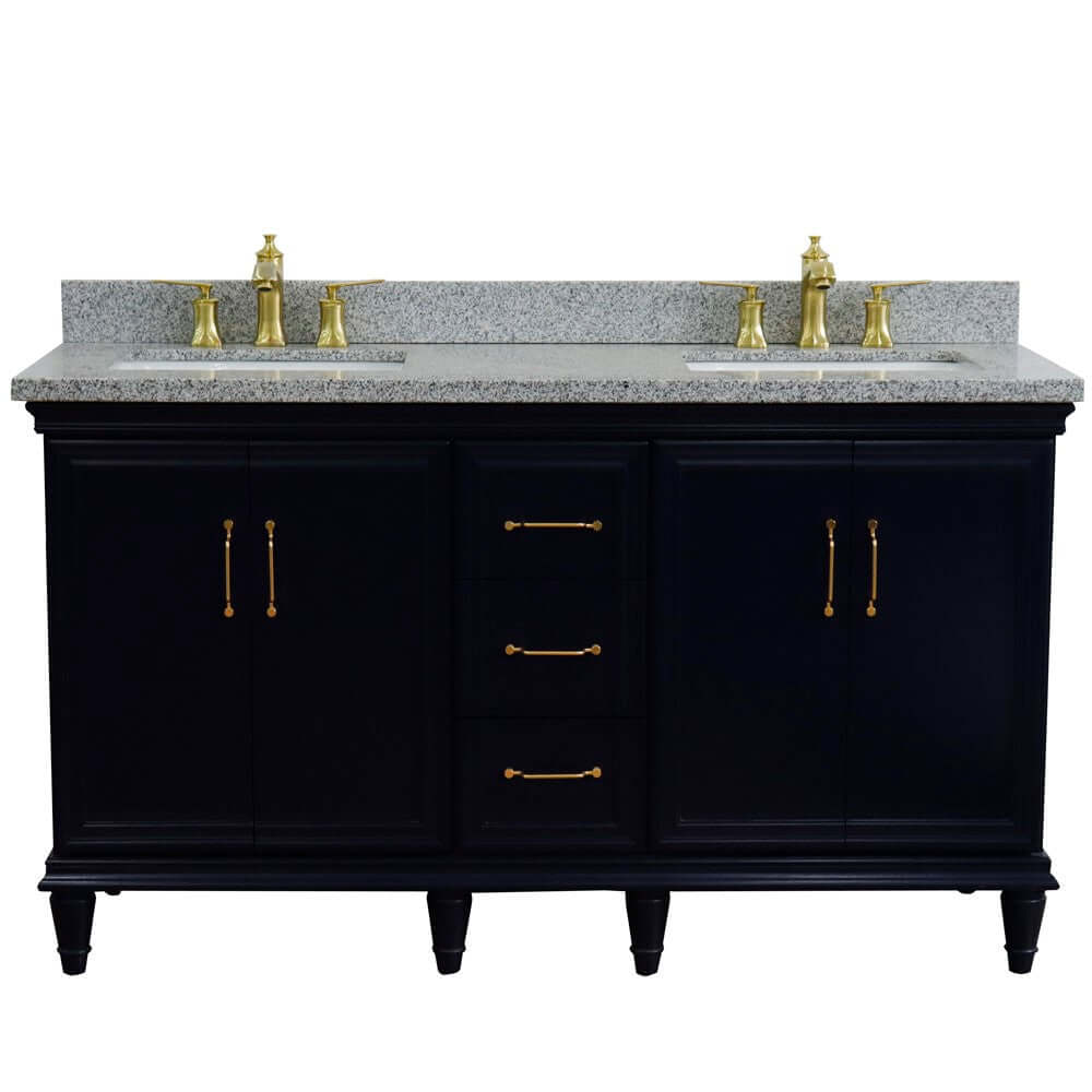 61" Double sink vanity in Blue finish and Gray granite and rectangle sink - 400800-61D-BU-GYR