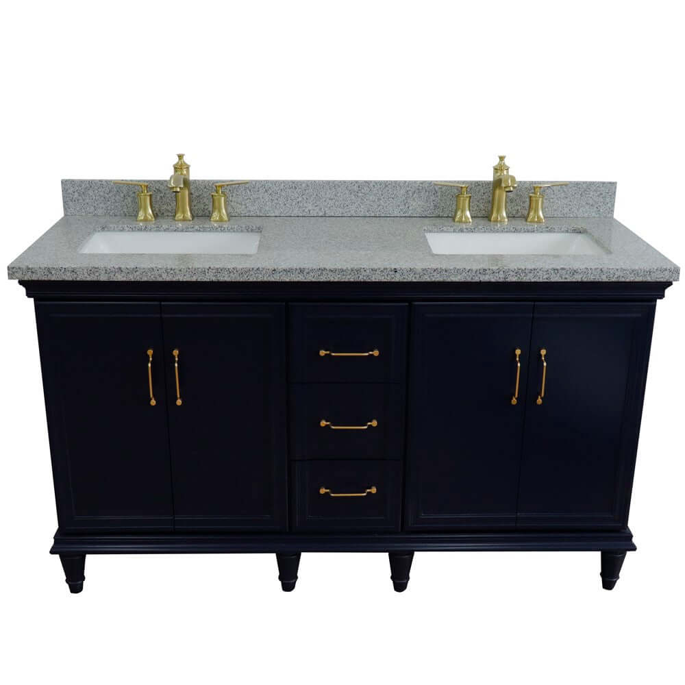 61" Double sink vanity in Blue finish and Gray granite and rectangle sink - 400800-61D-BU-GYR