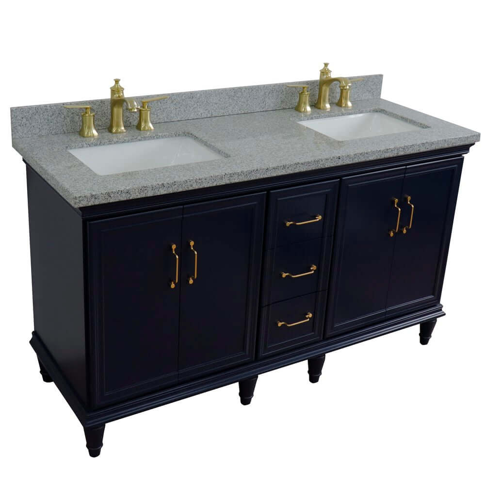 61" Double sink vanity in Blue finish and Gray granite and rectangle sink - 400800-61D-BU-GYR