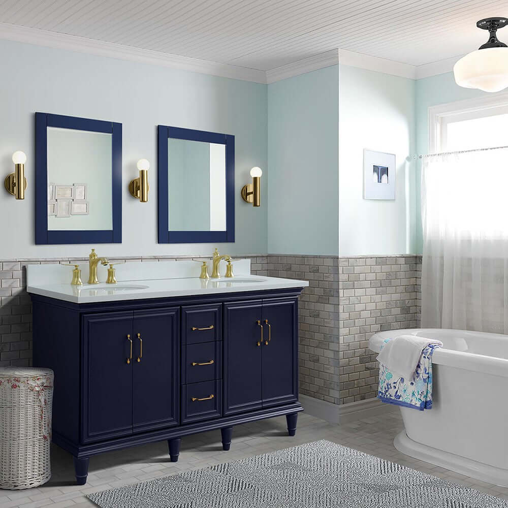 61" Double sink vanity in Blue finish and White quartz and oval sink - 400800-61D-BU-WEO