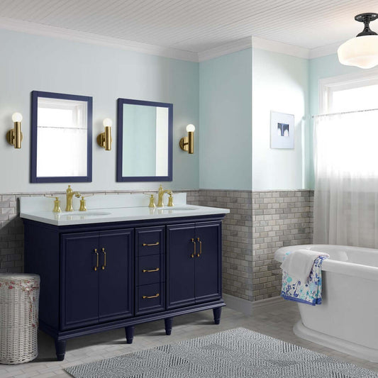 61" Double sink vanity in Blue finish and White quartz and oval sink - 400800-61D-BU-WEO