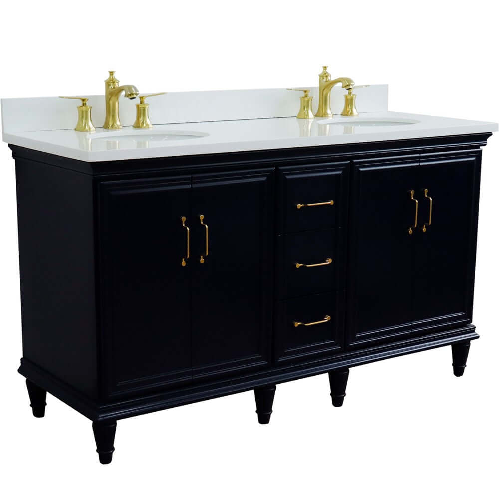 61" Double sink vanity in Blue finish and White quartz and oval sink - 400800-61D-BU-WEO