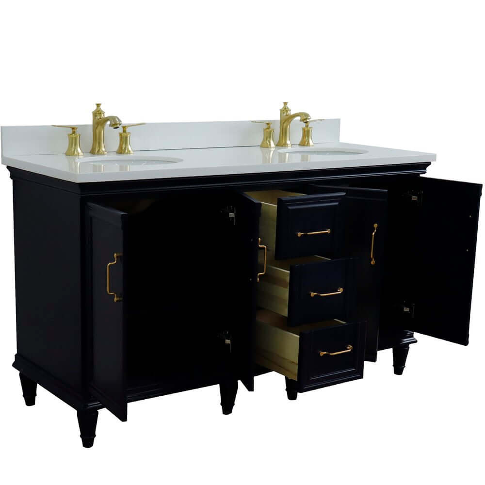 61" Double sink vanity in Blue finish and White quartz and oval sink - 400800-61D-BU-WEO