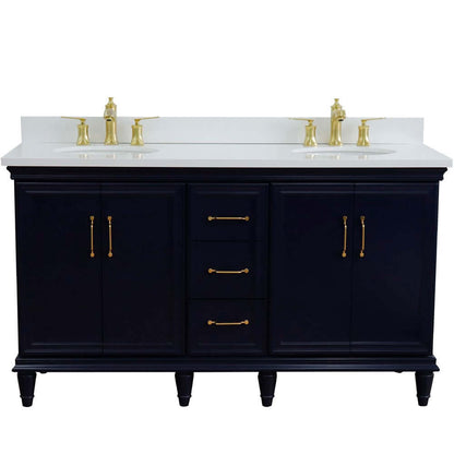 61" Double sink vanity in Blue finish and White quartz and oval sink - 400800-61D-BU-WEO