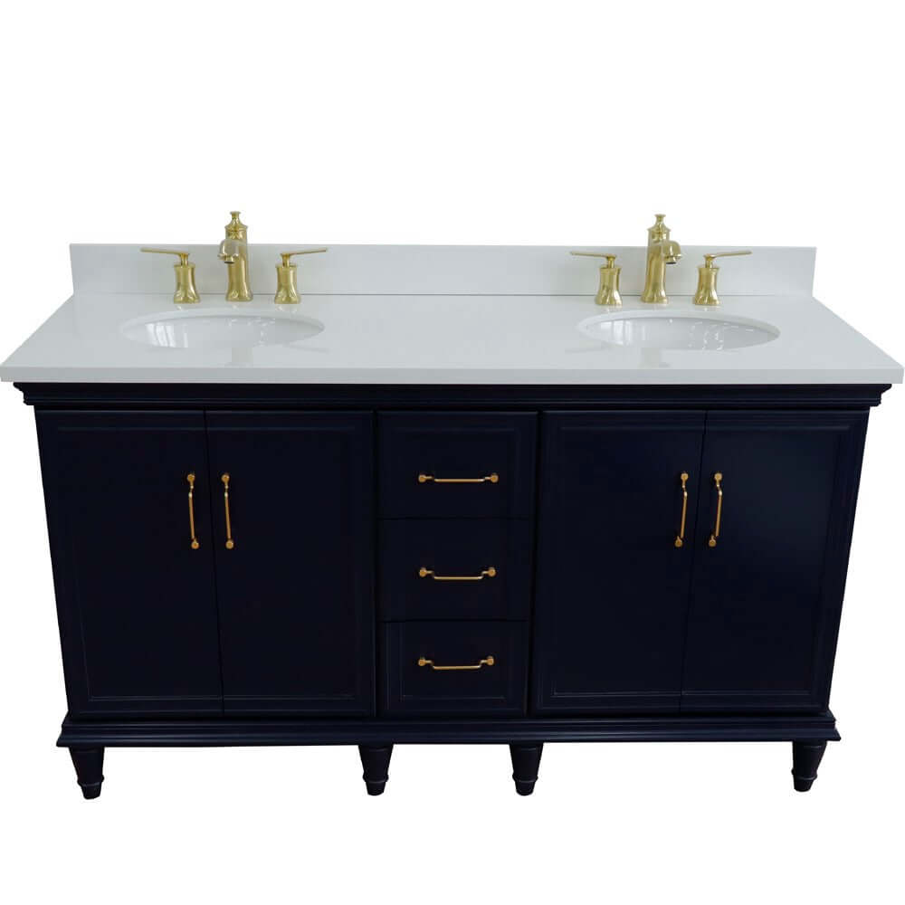 61" Double sink vanity in Blue finish and White quartz and oval sink - 400800-61D-BU-WEO