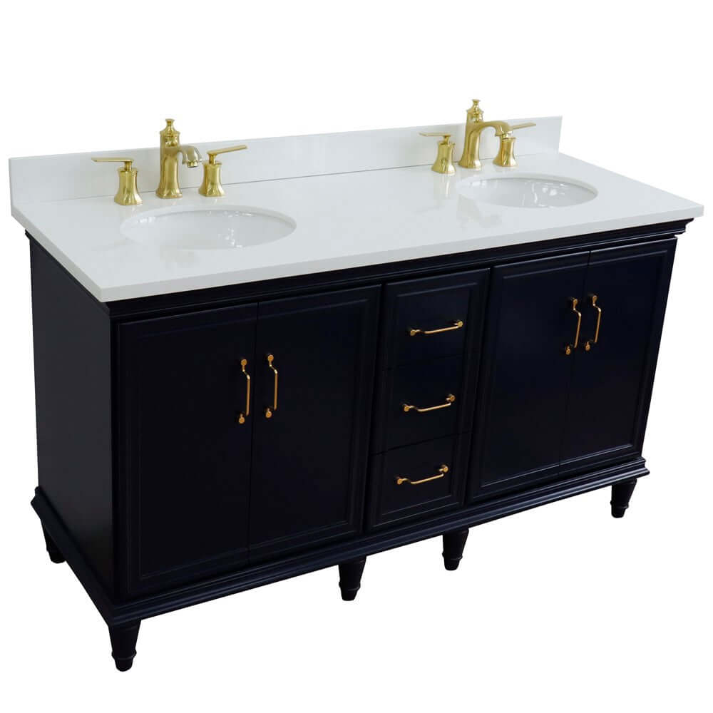 61" Double sink vanity in Blue finish and White quartz and oval sink - 400800-61D-BU-WEO