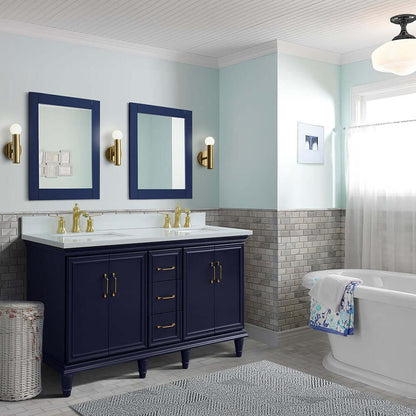 61" Double sink vanity in Blue finish and White quartz and rectangle sink - 400800-61D-BU-WER