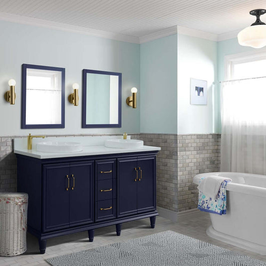 61" Double sink vanity in Blue finish and White quartz and round sink - 400800-61D-BU-WERD