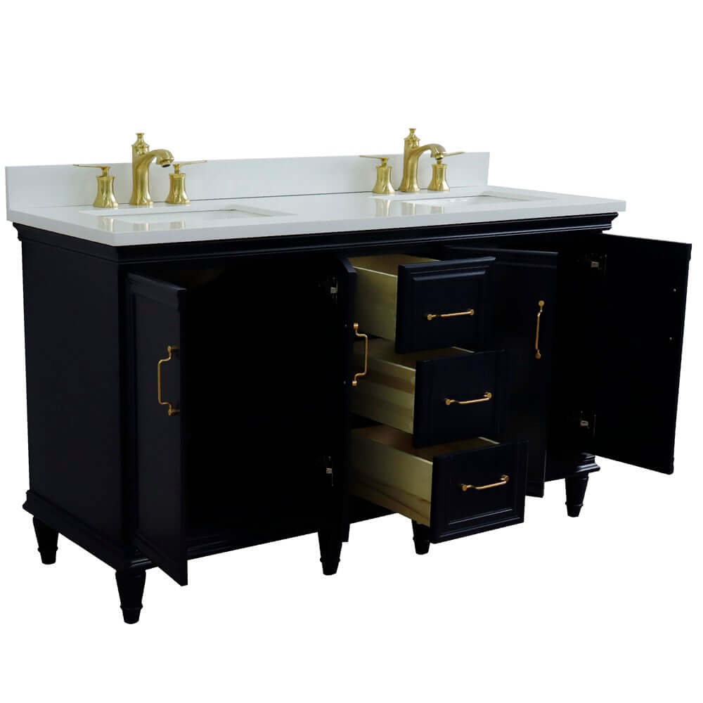 61" Double sink vanity in Blue finish and White quartz and rectangle sink - 400800-61D-BU-WER