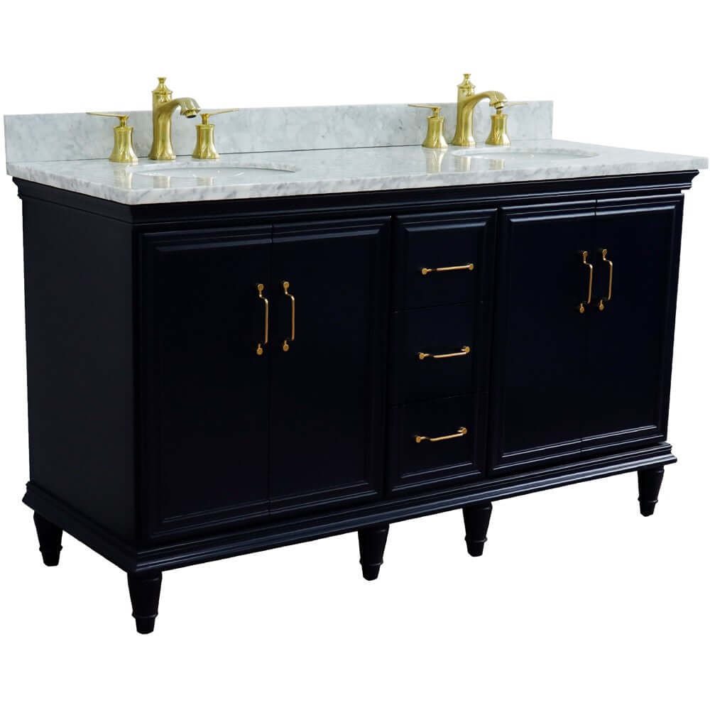 61" Double sink vanity in Blue finish and White Carrara marble and oval sink - 400800-61D-BU-WMO