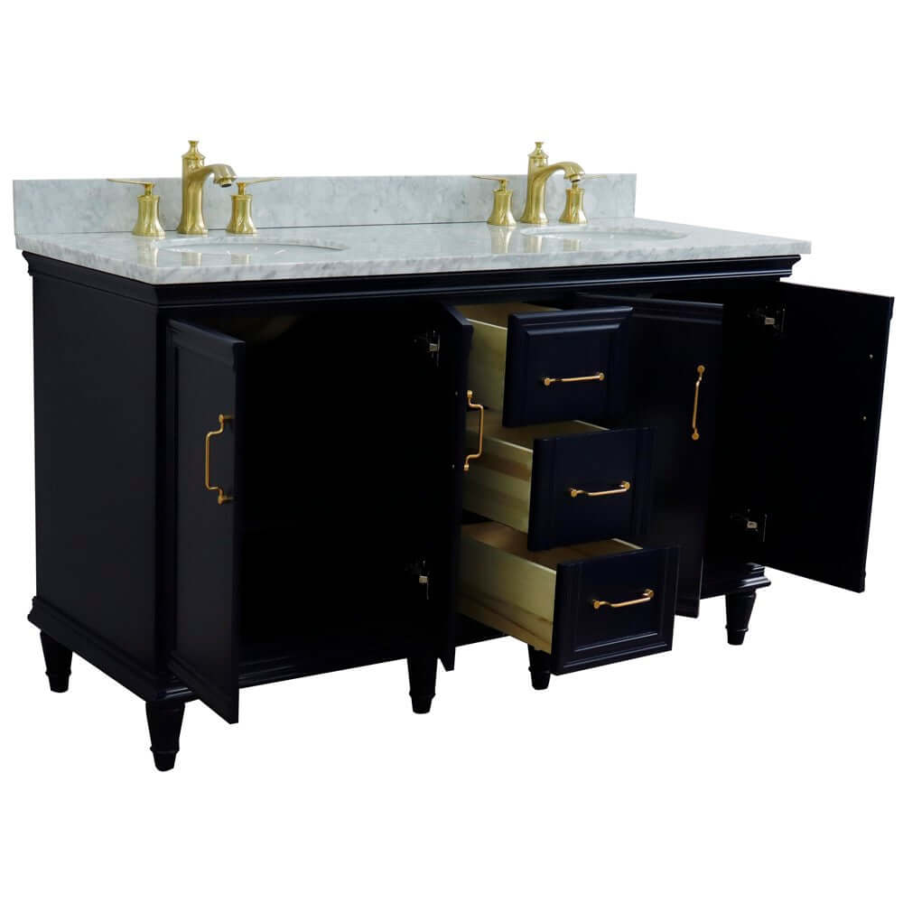 61" Double sink vanity in Blue finish and White Carrara marble and oval sink - 400800-61D-BU-WMO