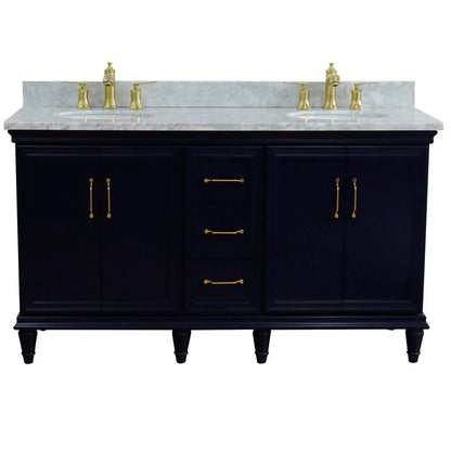 61" Double sink vanity in Blue finish and White Carrara marble and oval sink - 400800-61D-BU-WMO