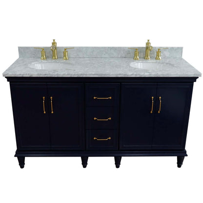 61" Double sink vanity in Blue finish and White Carrara marble and oval sink - 400800-61D-BU-WMO