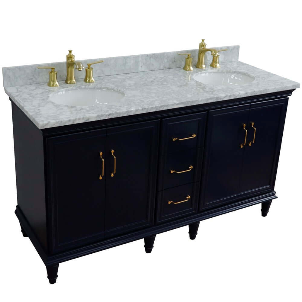 61" Double sink vanity in Blue finish and White Carrara marble and oval sink - 400800-61D-BU-WMO