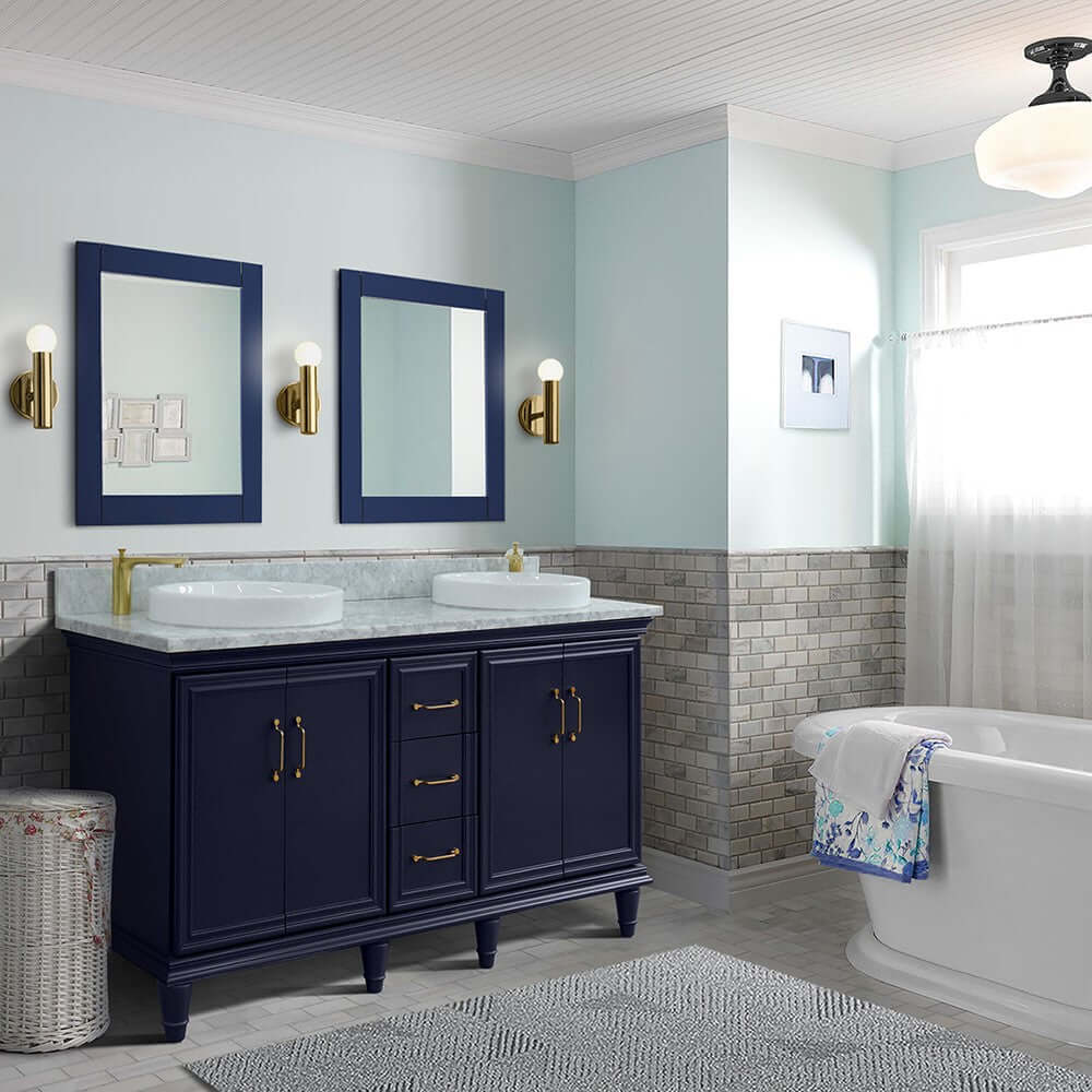 61" Double sink vanity in Blue finish and White Carrara marble and round sink - 400800-61D-BU-WMRD