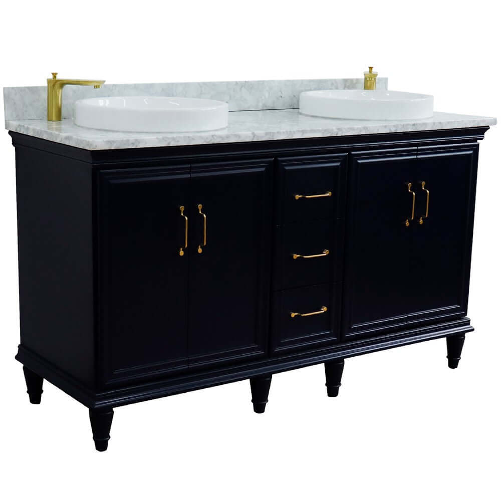 61" Double sink vanity in Blue finish and White Carrara marble and round sink - 400800-61D-BU-WMRD