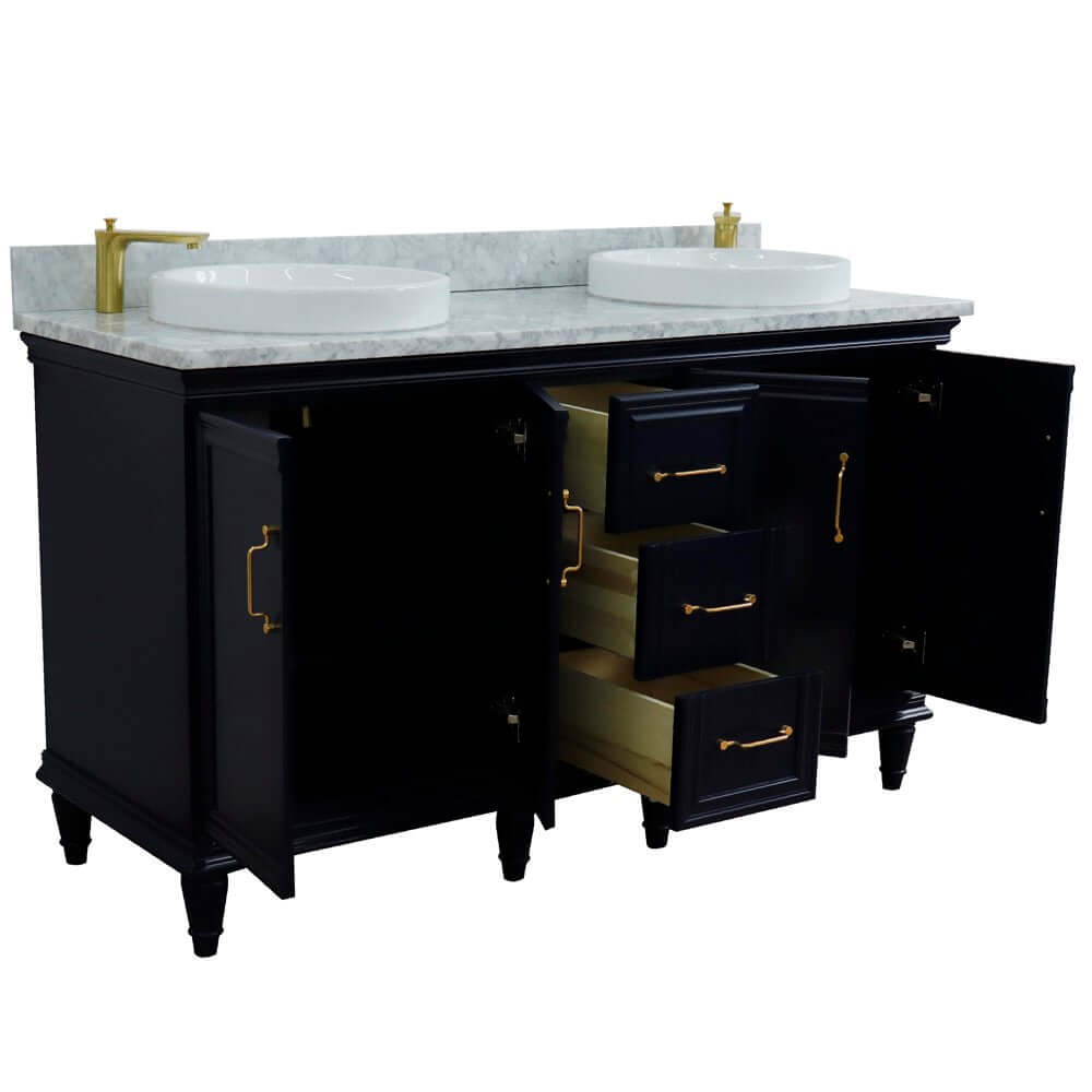 61" Double sink vanity in Blue finish and White Carrara marble and round sink - 400800-61D-BU-WMRD