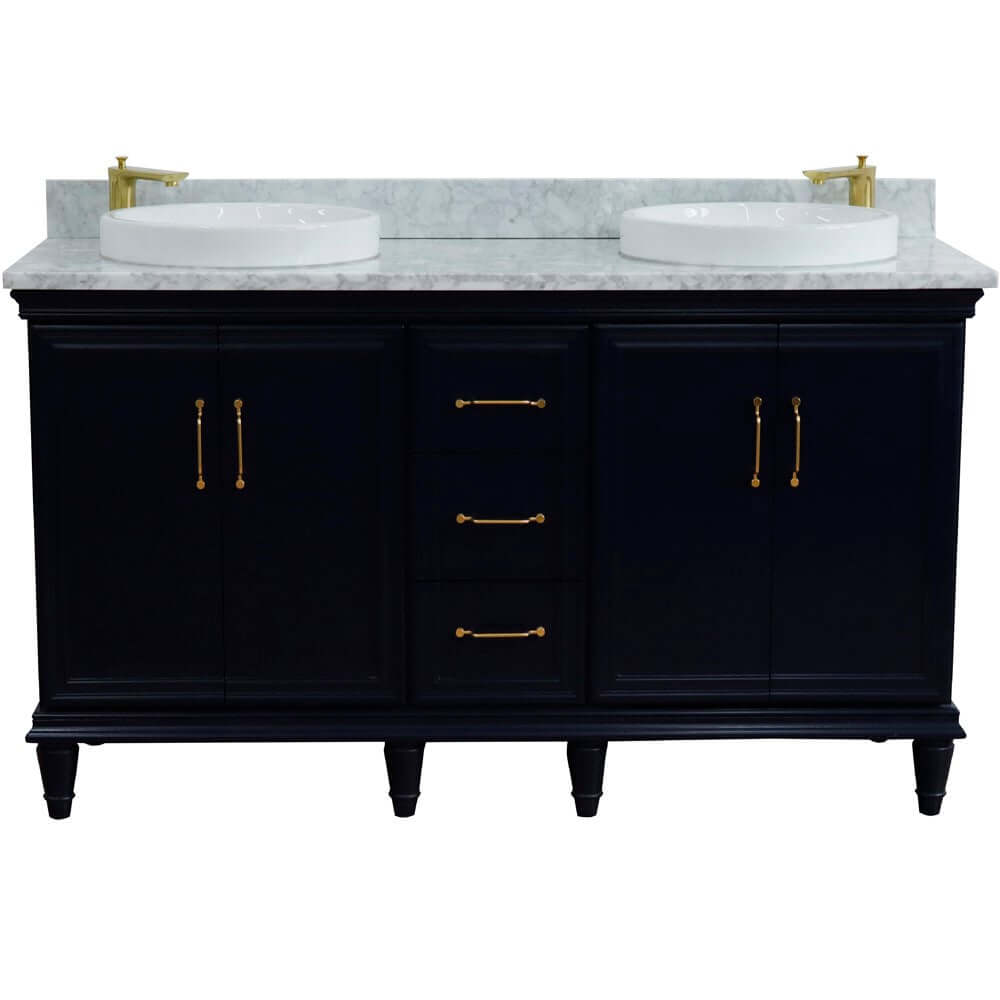 61" Double sink vanity in Blue finish and White Carrara marble and round sink - 400800-61D-BU-WMRD