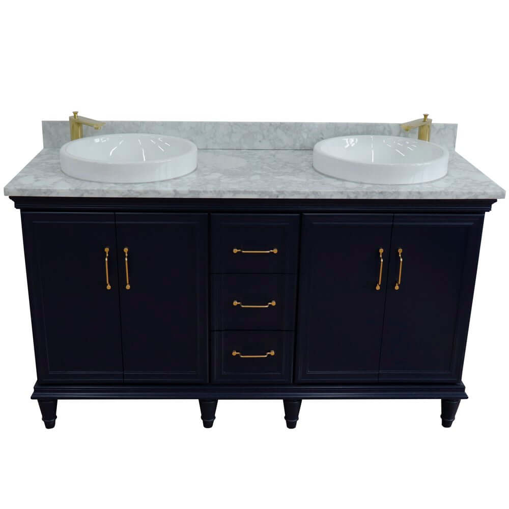 61" Double sink vanity in Blue finish and White Carrara marble and round sink - 400800-61D-BU-WMRD