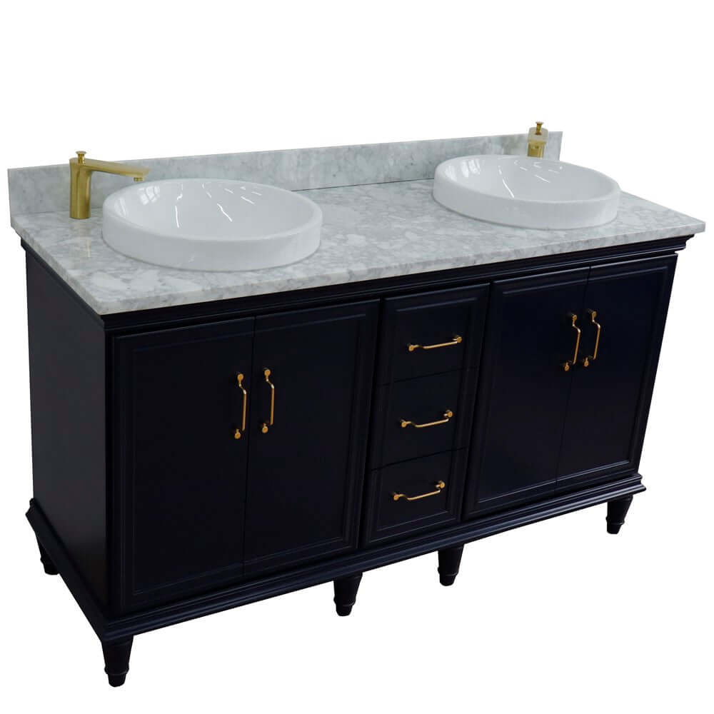 61" Double sink vanity in Blue finish and White Carrara marble and round sink - 400800-61D-BU-WMRD