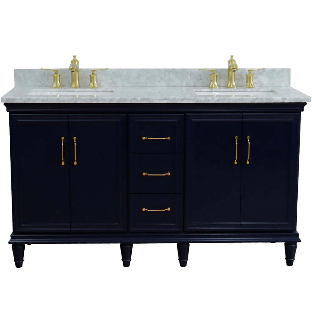 61" Double sink vanity in Blue finish and White Carrara marble and rectangle sink - 400800-61D-BU-WMR