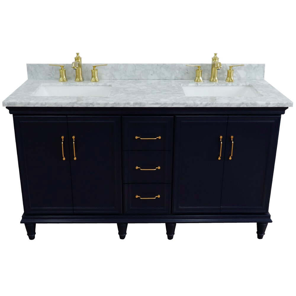 61" Double sink vanity in Blue finish and White Carrara marble and rectangle sink - 400800-61D-BU-WMR