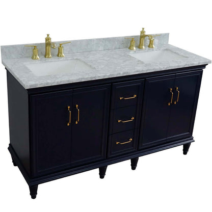 61" Double sink vanity in Blue finish and White Carrara marble and rectangle sink - 400800-61D-BU-WMR