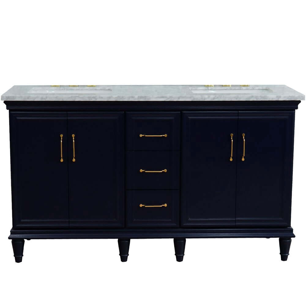 61" Double sink vanity in Blue finish and White Carrara marble and rectangle sink - 400800-61D-BU-WMR