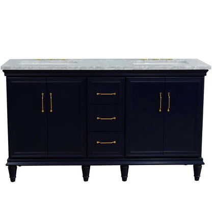 61" Double sink vanity in Blue finish and White Carrara marble and rectangle sink - 400800-61D-BU-WMR