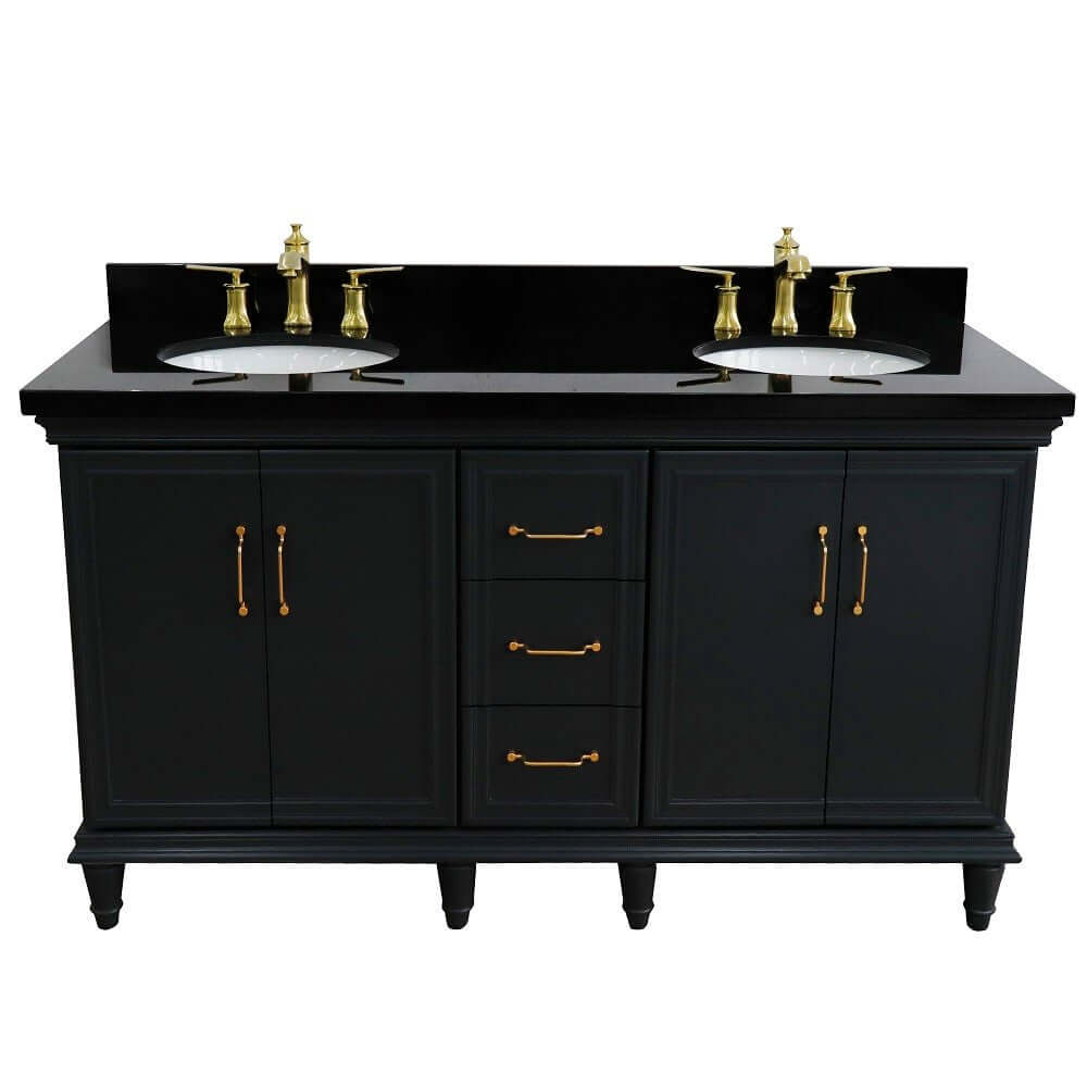 61" Double sink vanity in Dark Gray finish and Black galaxy granite and oval sink - 400800-61D-DG-BGO