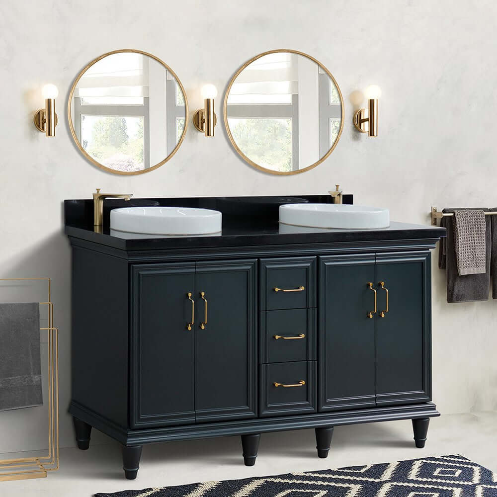 61" Double sink vanity in Dark Gray finish and Black galaxy granite and round sink - 400800-61D-DG-BGRD