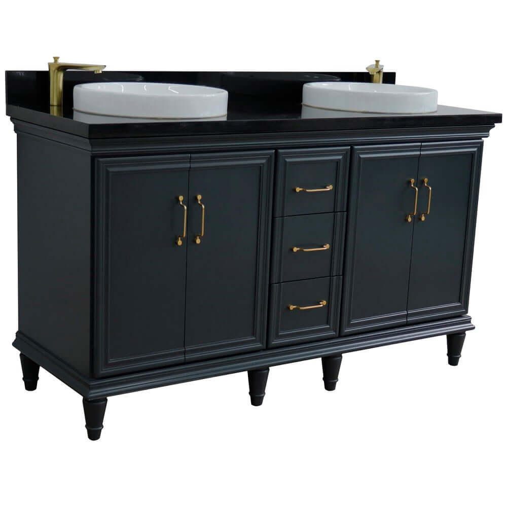 61" Double sink vanity in Dark Gray finish and Black galaxy granite and round sink - 400800-61D-DG-BGRD