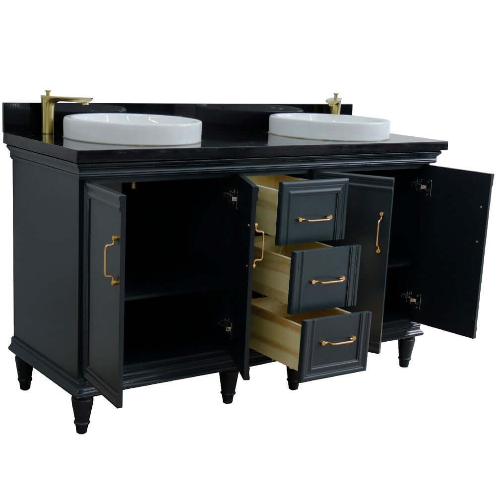 61" Double sink vanity in Dark Gray finish and Black galaxy granite and round sink - 400800-61D-DG-BGRD