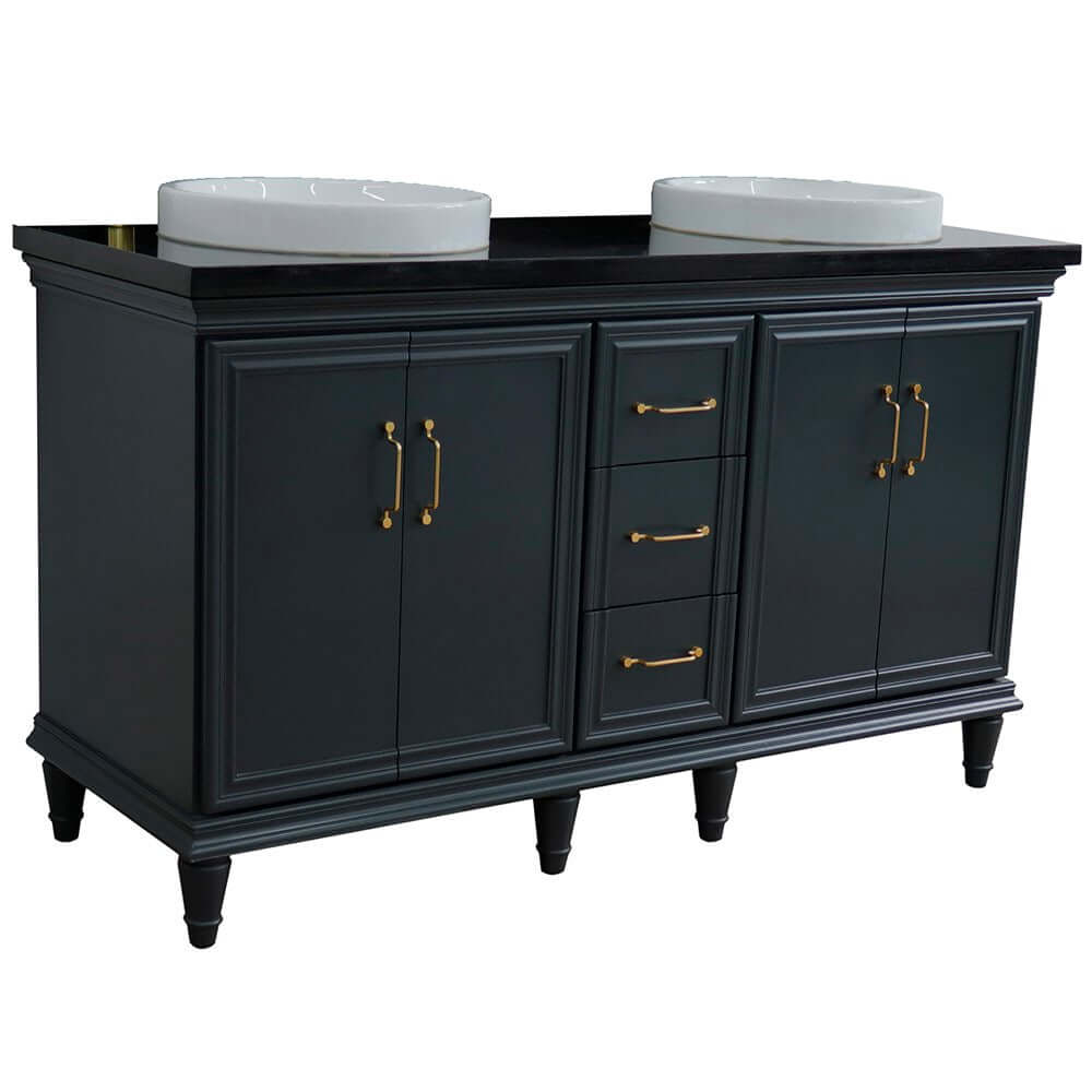 61" Double sink vanity in Dark Gray finish and Black galaxy granite and round sink - 400800-61D-DG-BGRD