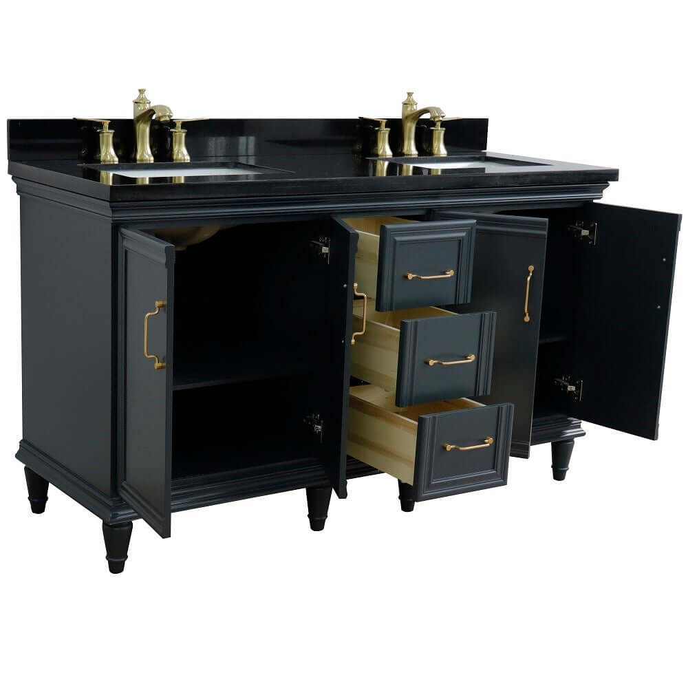 61" Double sink vanity in Dark Gray finish and Black galaxy granite and rectangle sink - 400800-61D-DG-BGR