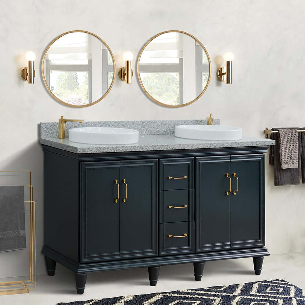 61" Double sink vanity in Dark Gray finish and Gray granite and round sink - 400800-61D-DG-GYRD