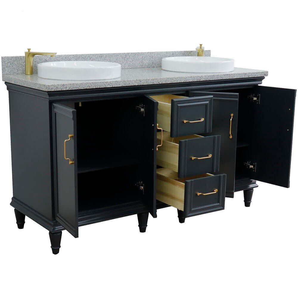 61" Double sink vanity in Dark Gray finish and Gray granite and round sink - 400800-61D-DG-GYRD