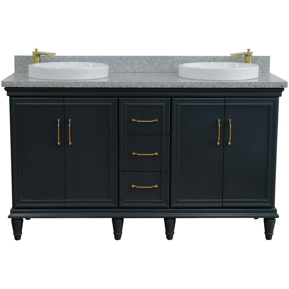 61" Double sink vanity in Dark Gray finish and Gray granite and round sink - 400800-61D-DG-GYRD