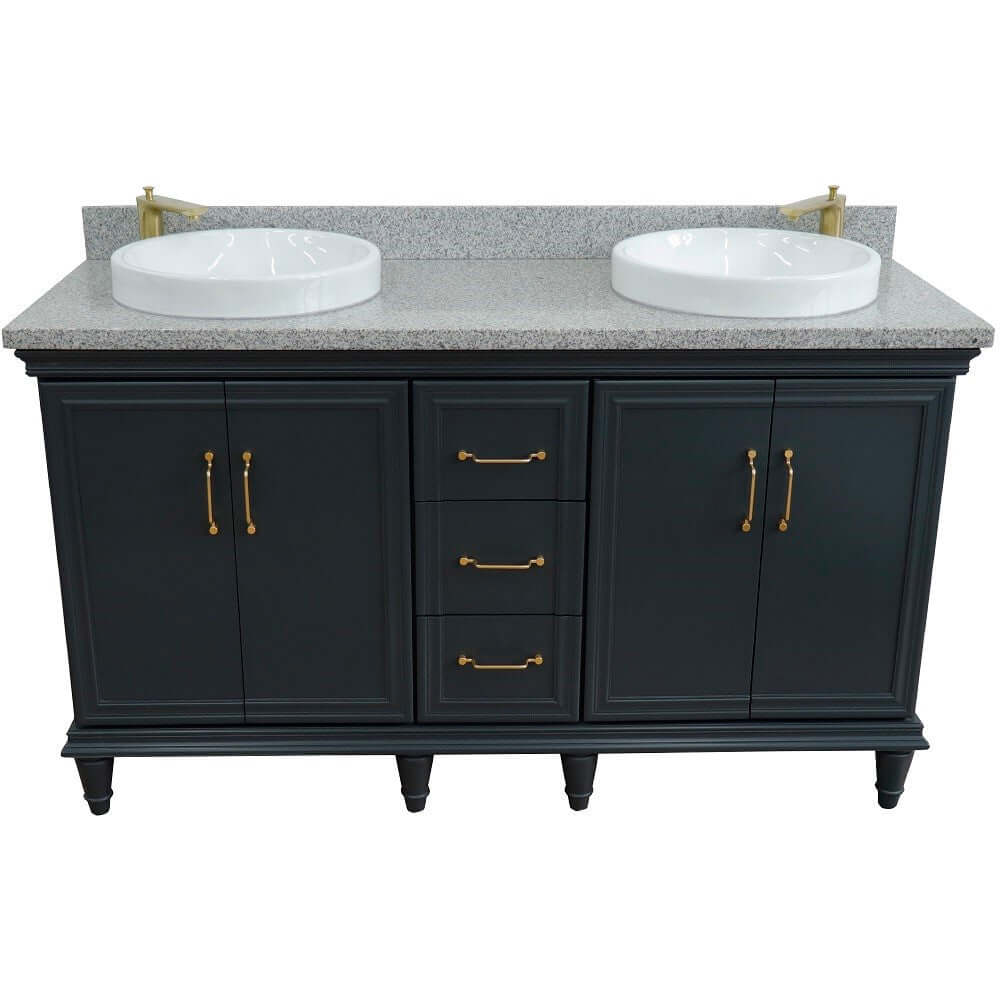 61" Double sink vanity in Dark Gray finish and Gray granite and round sink - 400800-61D-DG-GYRD