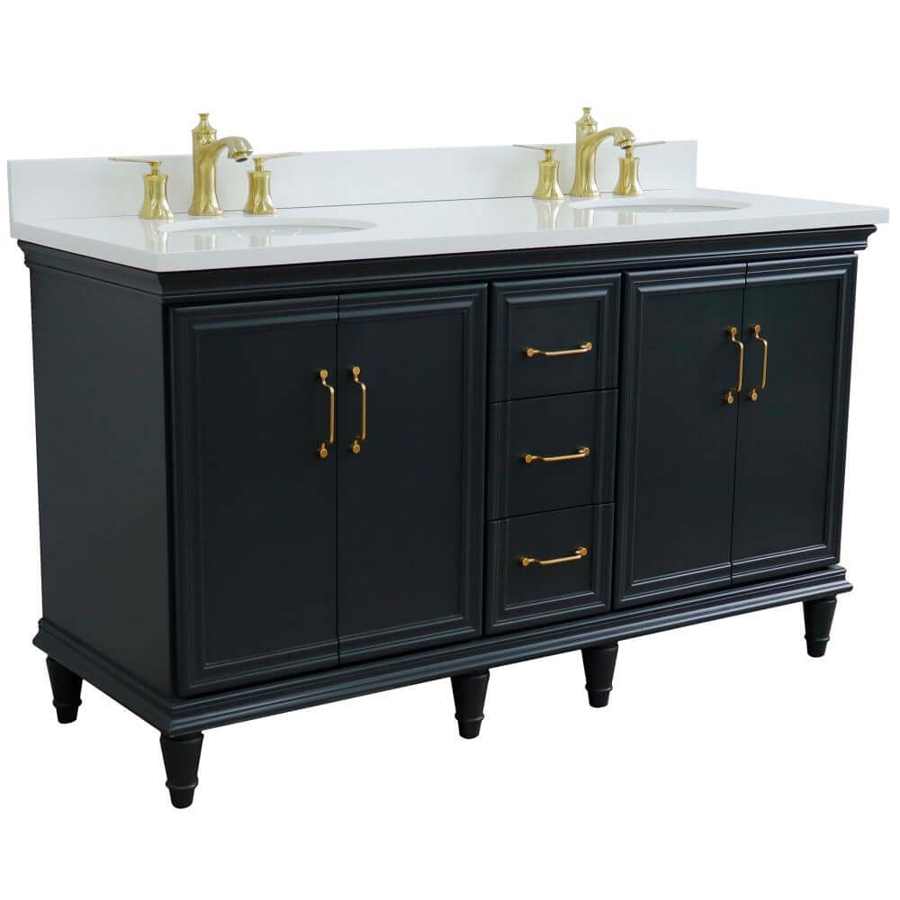 61" Double sink vanity in Dark Gray finish and White quartz and oval sink - 400800-61D-DG-WEO