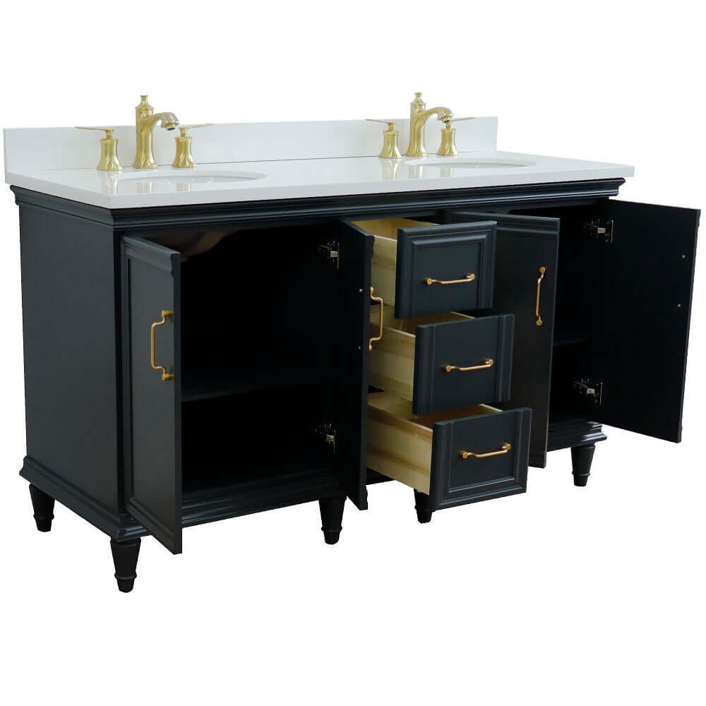 61" Double sink vanity in Dark Gray finish and White quartz and oval sink - 400800-61D-DG-WEO