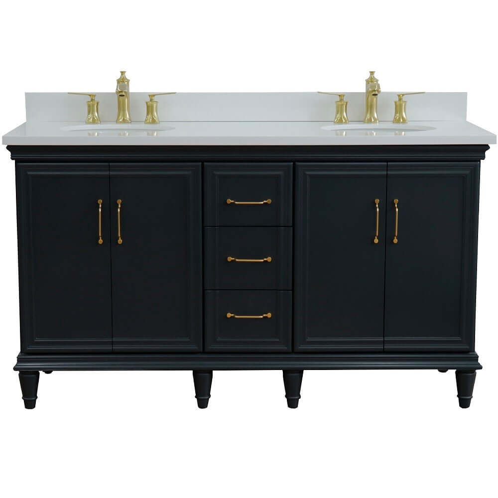 61" Double sink vanity in Dark Gray finish and White quartz and oval sink - 400800-61D-DG-WEO