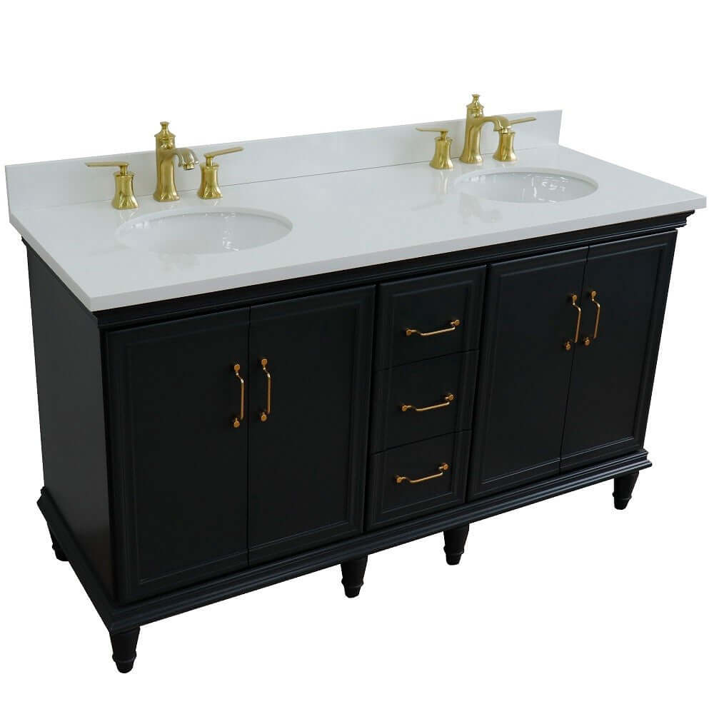 61" Double sink vanity in Dark Gray finish and White quartz and oval sink - 400800-61D-DG-WEO