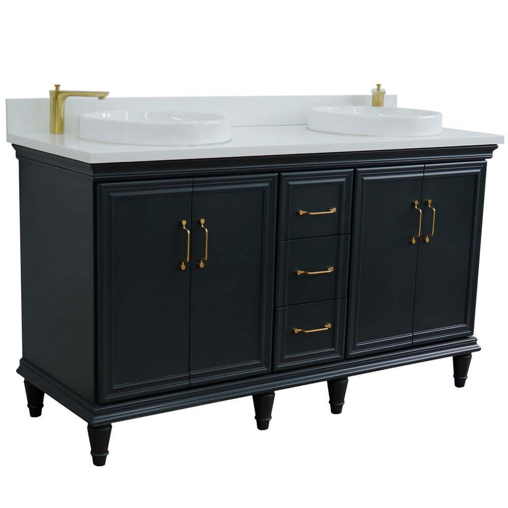 61" Double sink vanity in Dark Gray finish and White quartz and round sink - 400800-61D-DG-WERD