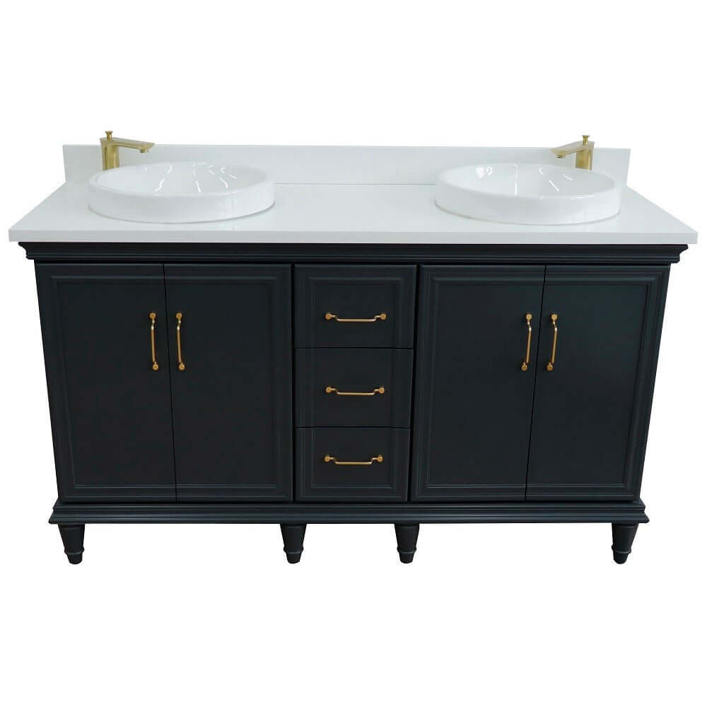 61" Double sink vanity in Dark Gray finish and White quartz and round sink - 400800-61D-DG-WERD