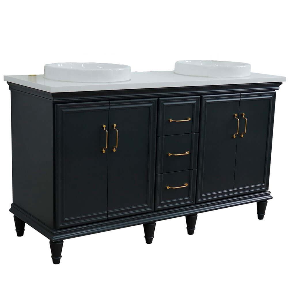 61" Double sink vanity in Dark Gray finish and White quartz and round sink - 400800-61D-DG-WERD