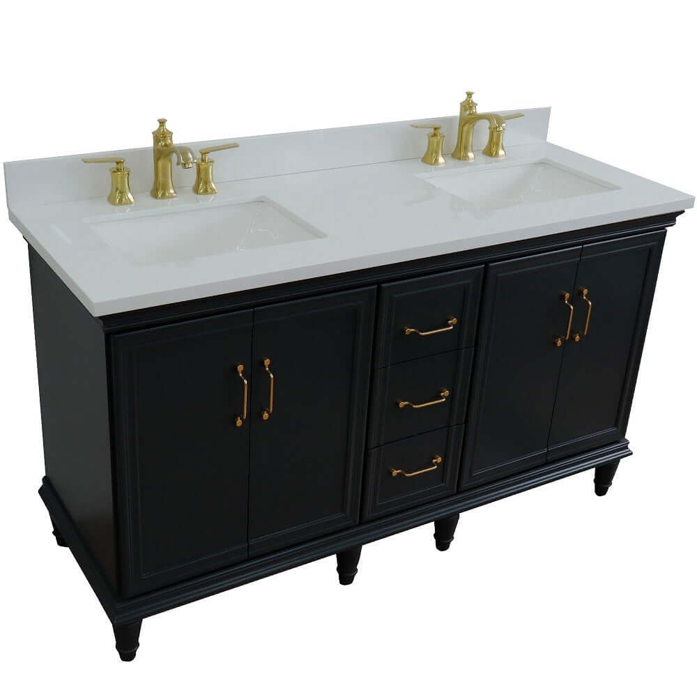 61" Double sink vanity in Dark Gray finish and White quartz and rectangle sink - 400800-61D-DG-WER