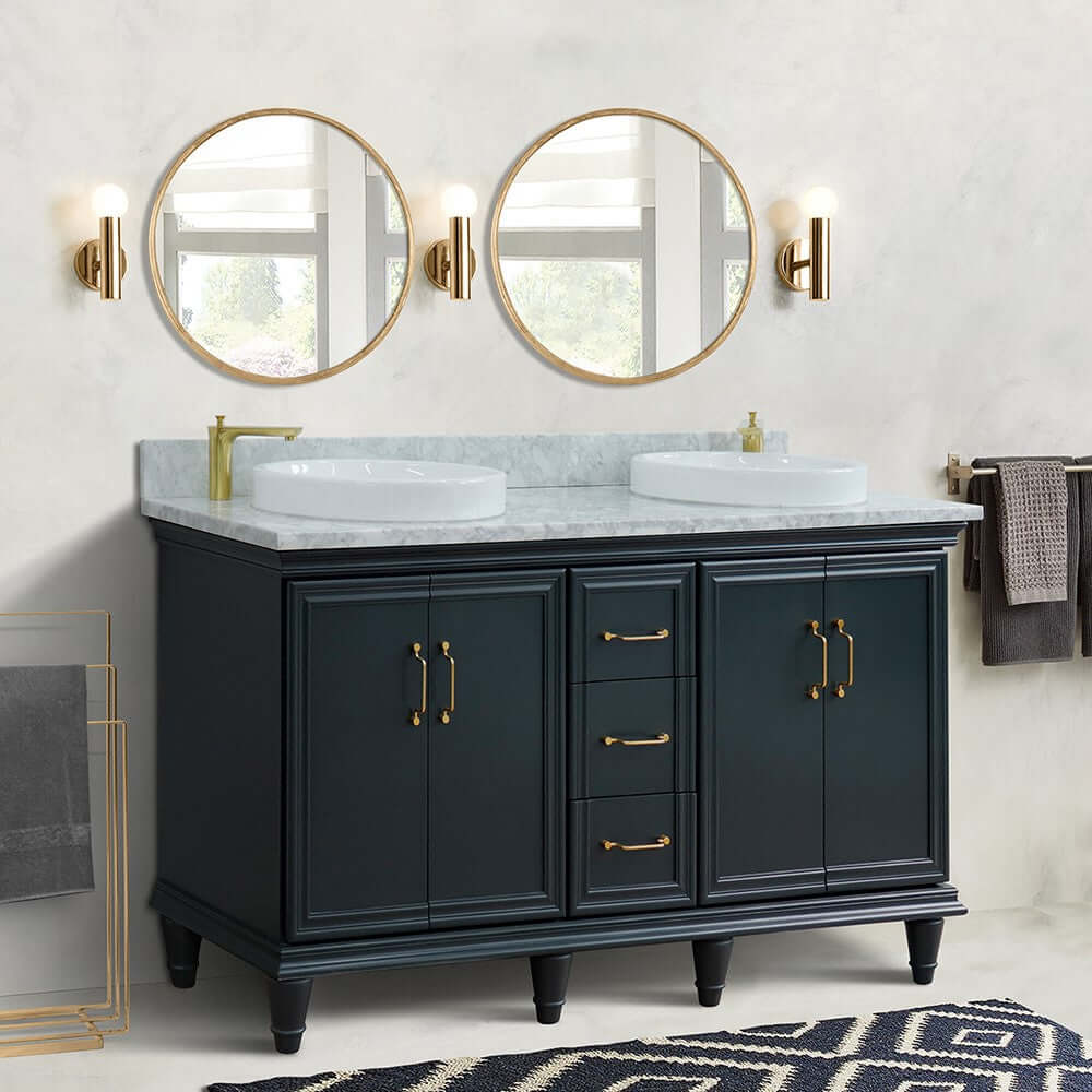 61" Double sink vanity in Dark Gray finish and White Carrara marble and round sink - 400800-61D-DG-WMRD