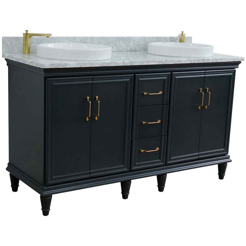 61" Double sink vanity in Dark Gray finish and White Carrara marble and round sink - 400800-61D-DG-WMRD