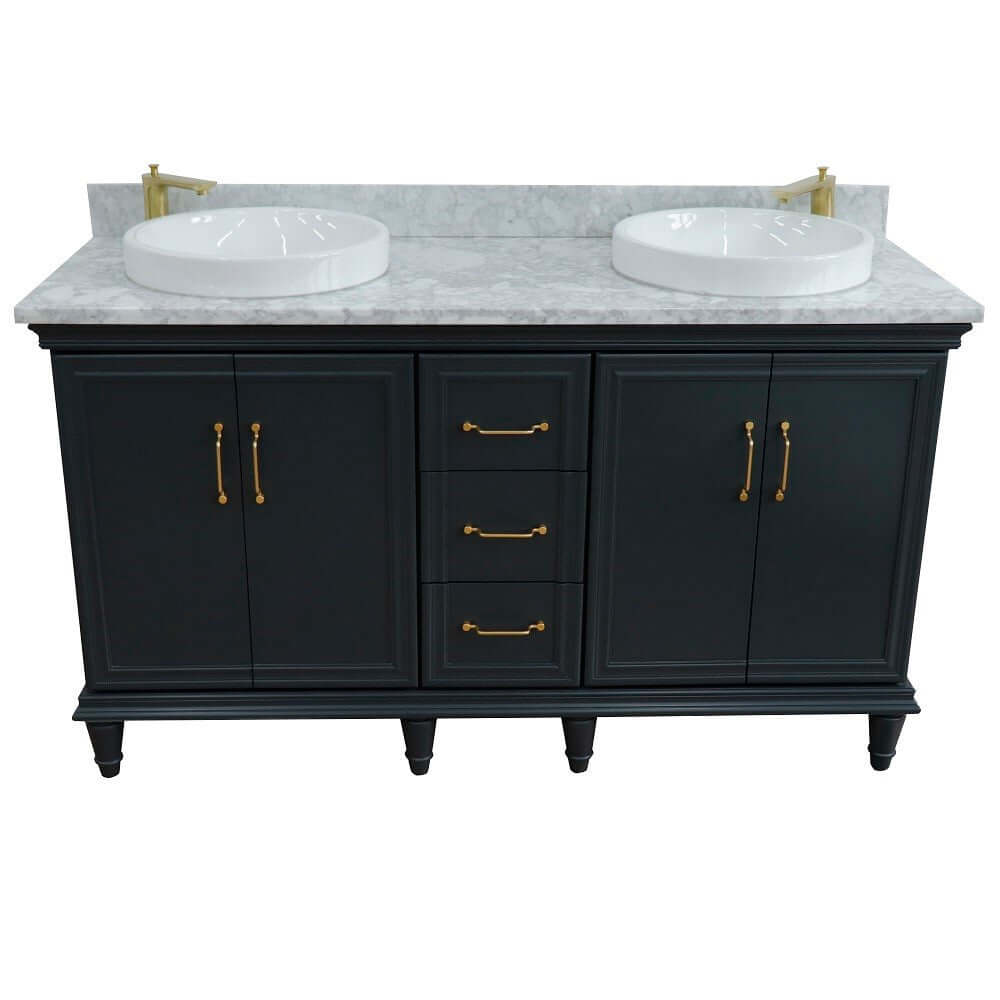 61" Double sink vanity in Dark Gray finish and White Carrara marble and round sink - 400800-61D-DG-WMRD